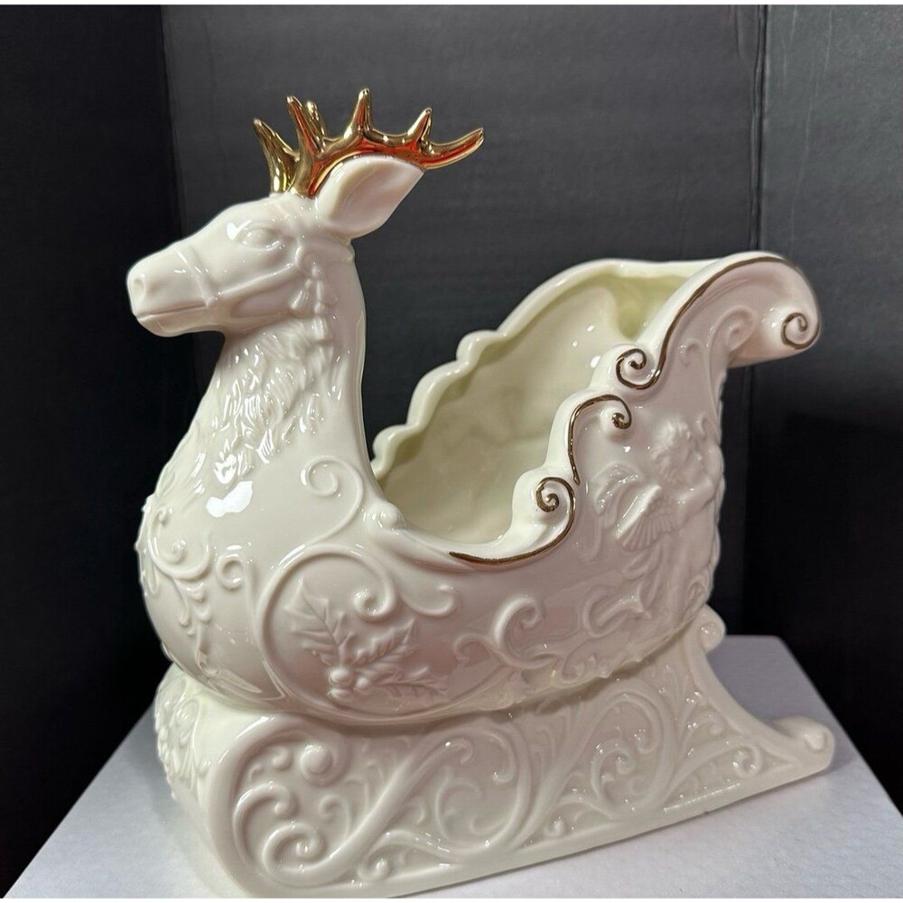 Trim Shoppe White Porcelain Reindeer Sleigh Planter Figurine - Christmas Decor